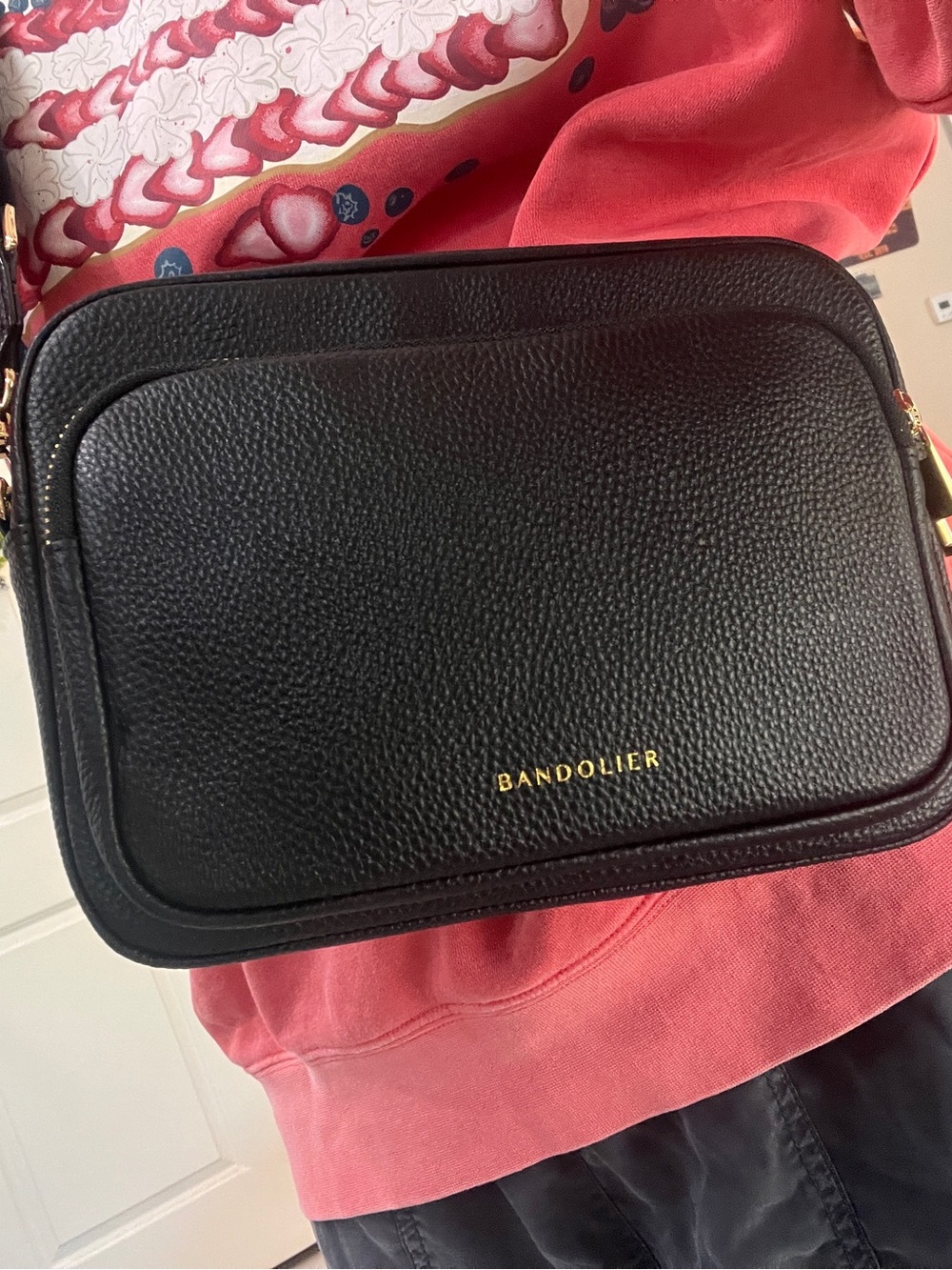Upsized Bandolier Drew Black Pebbled Leather Camera Crossbody with Gold Logo